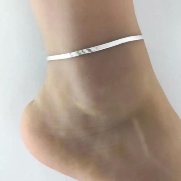 Jewelry - White Gold Plated Silver Herringbone Snake Chain Ankle Bracelet Anklet 2mm 10”